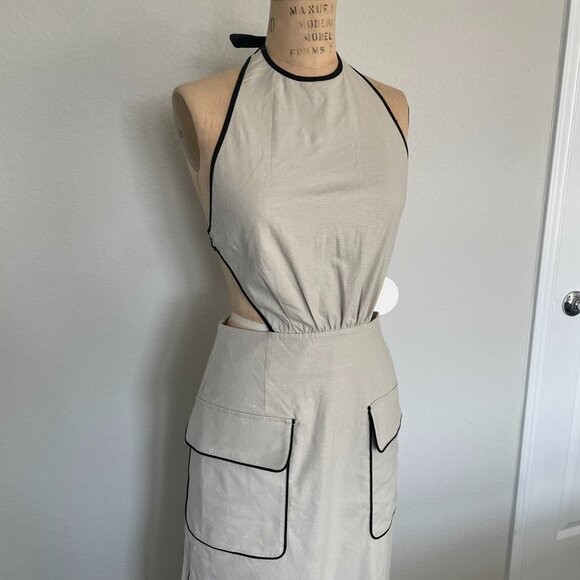 STAUD Backless Halter Dress in Beige and Black - Picture 1 of 11